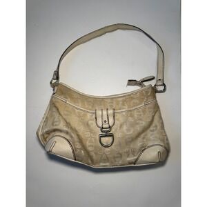 Aigner Monogram Canvas Leather Trim Shoulder Bag Beige Cream D Ring Accent